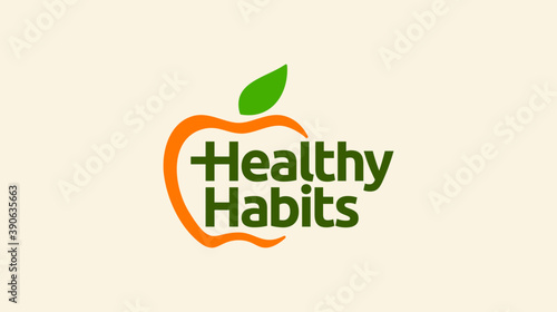 Healthy icon with apple and abstract figure, Apple health care vector logo template.