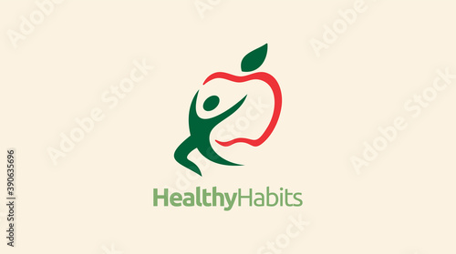 Healthy icon with apple and abstract figure, Apple health care vector logo template.