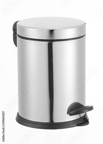 Metal trash can isolated on white background.