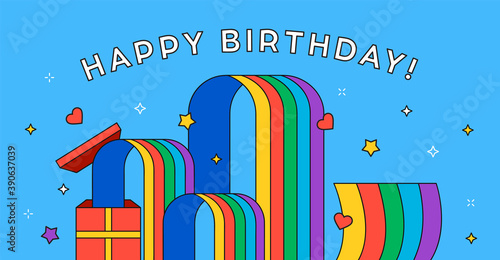 Happy birthday card outline gift rainbow cartoon