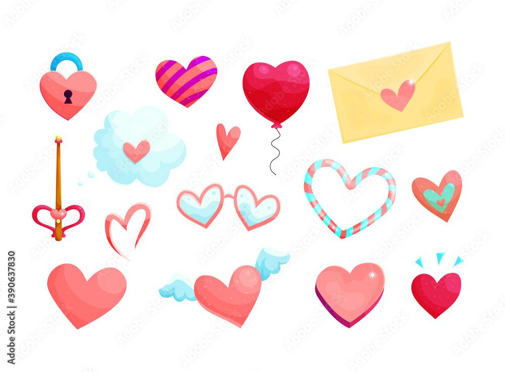 Charming pink hearts cartoon vector illustrations set. Cute heart shaped balloon, love letter seal and padlock. Romantic relations symbols. Saint Valentines day celebration design elements