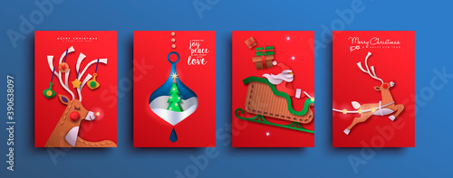 Merry Christmas papercut deer santa claus card set