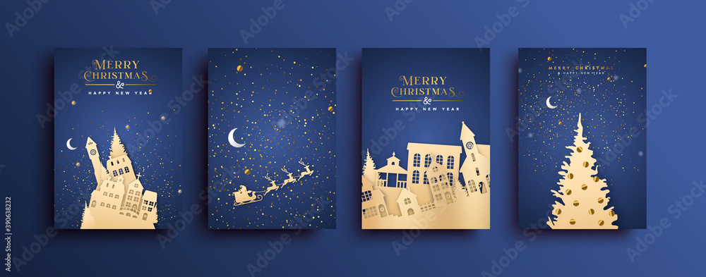Merry Christmas paper cut city house card set - obrazy, fototapety, plakaty 