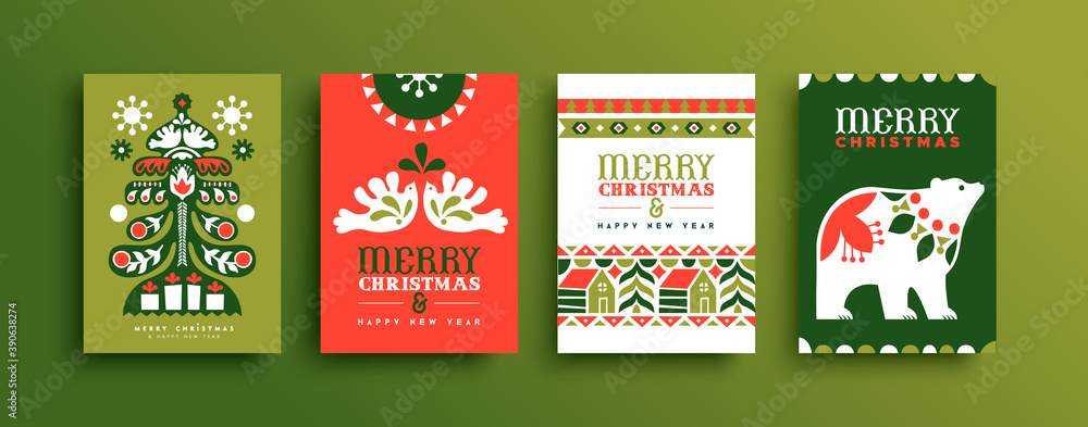 Merry Christmas scandinavian folk art card set - obrazy, fototapety, plakaty 