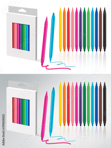 3D illustration of fiber pens, markers with tips on both sides with tin and wide tip in twelve bright colors and vertical composition. Presentation of white paper box with window and hanging
