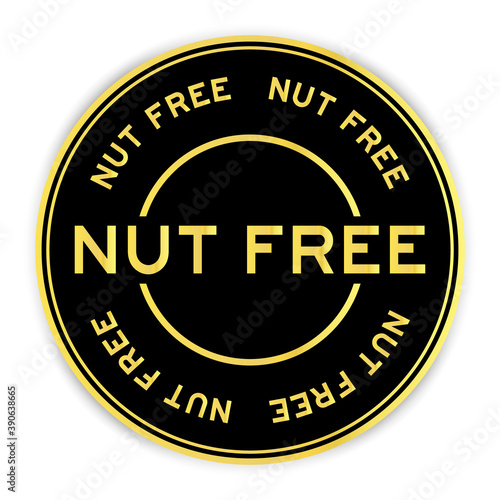 Black and gold color round sticker with word nut free on white background