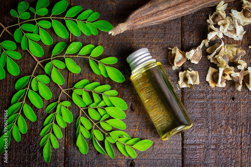 Oil of Moringa in bottle, green leaves, pods and seeds on wooden background. Moringa oleifera tropical herb product concept. 