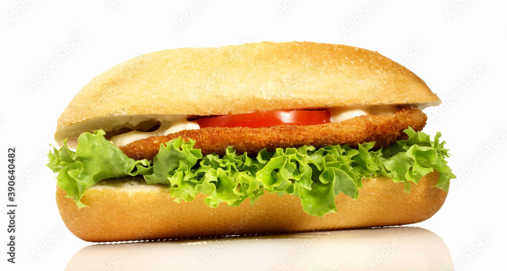 Chicken Schnitzel Baguette on white Background - Isolated Chicken Schnitzel Baguette on white Background - Isolated