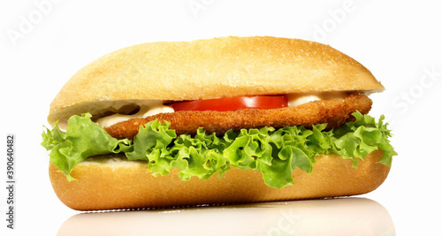 Bild auf Leinwand Chicken Schnitzel Baguette on white Background - Isolated