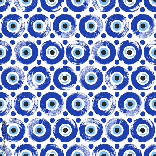 Seamless Pattern with hand drawn Turkish eye. Symbol of protection Turkey, Greece, Cyprus, Crete. Background with magic items, attributes. Amulet - blue Turkish Fatima's Eye.