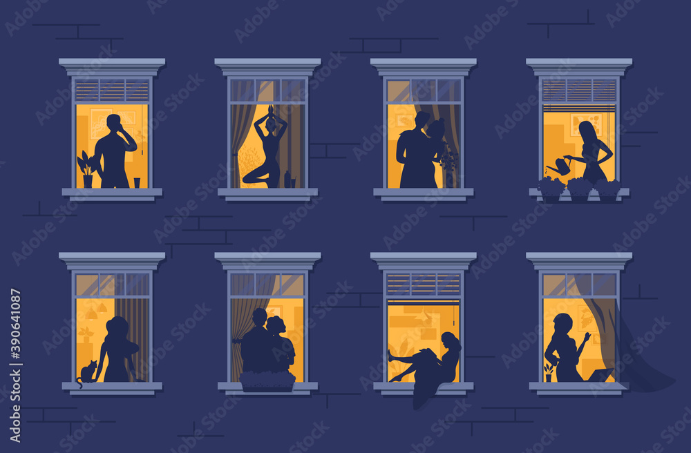Fototapeta premium Neighbors in windows. Cartoon characters. Apartment building with people in open window spaces.