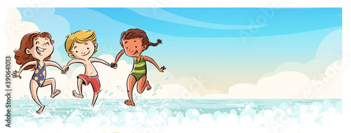 Canvas Print Children playing with ocean waves