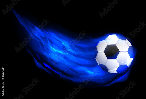 Burning soccer ball on black background. Soccer Ball in Blue Fire. Glowing fireball on the speed in flame.