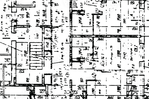 Background of an illegible draft of a construction drawing. Sloppy hand-drawn technical outline with lines, numbers and blurs. Overlay template. Vector illustration