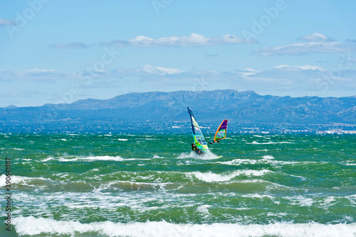 Kite surfing and windsurfing off Riumar beach, near Deltebre, Parc Natural del Delta de l'Ebre, Castellón, Eastern Spain