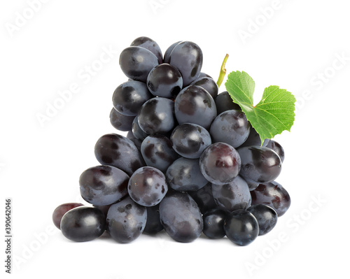 Bunch of fresh ripe juicy dark blue grapes with leaf isolated on white