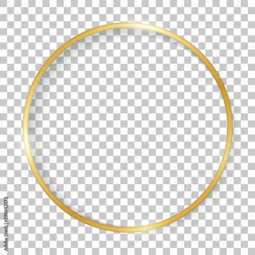 Circle 3D gold frame. Golden border. Frame line boarder. Realistic circle vintage border with shiny glowing effect transparent on isolated background. Design luxury borders with shadow. Vector