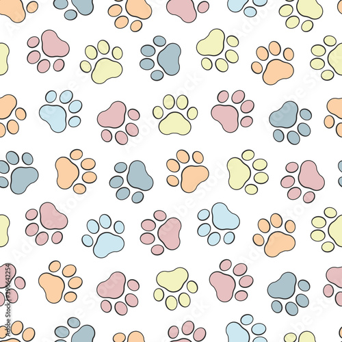 Pet prints. Paw seamless pattern. Cute background for pets, dog or cat. Childrens backdrop. Foot puppy. Different shapes. Footprint pet. Baby background. Track paw. Art design walks for print. Vector