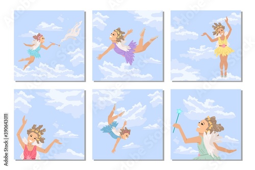 Little angel in sky. Set of square cards. Fairytale character fairy fly in the sky, magic illustration. Vector cartoon style illustration. © Veronika