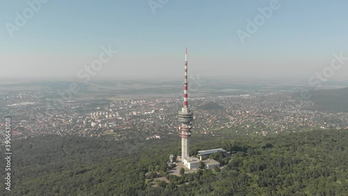 Birdseye view of the Pécs TV Tower. Pécs is the fifth largest city of Hungary, on the slopes of the Mecsek mountains, administrative and economic center of Baranya County photo