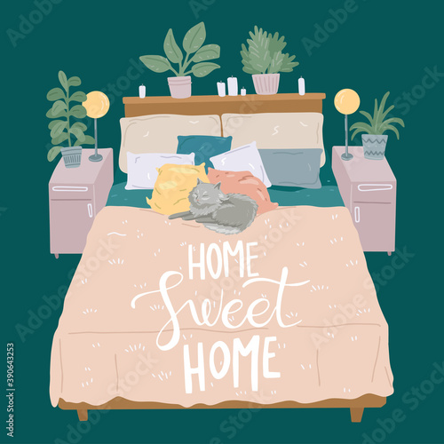Sweet home card. Cat sleeping on pillow in bed. Cozy bedroom. Vector illustration