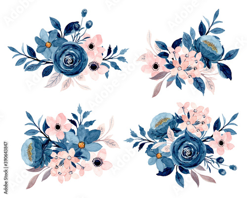 Blue indigo pink floral bouquet collection with watercolor