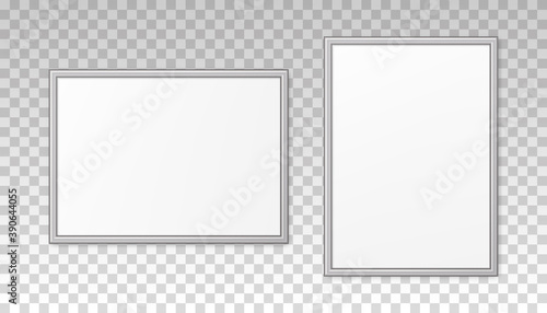 Frame picture photo. Silver mockup on wall. Mock up framed. Modern blank boarder with shadow. Realistic empty photoframe a4 isolated on background. Border for design poster, painting image. Vector