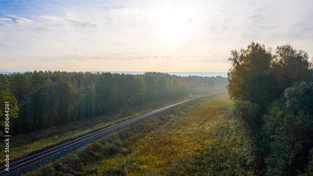 aerial view of railroad in forest at foggy autumn morning