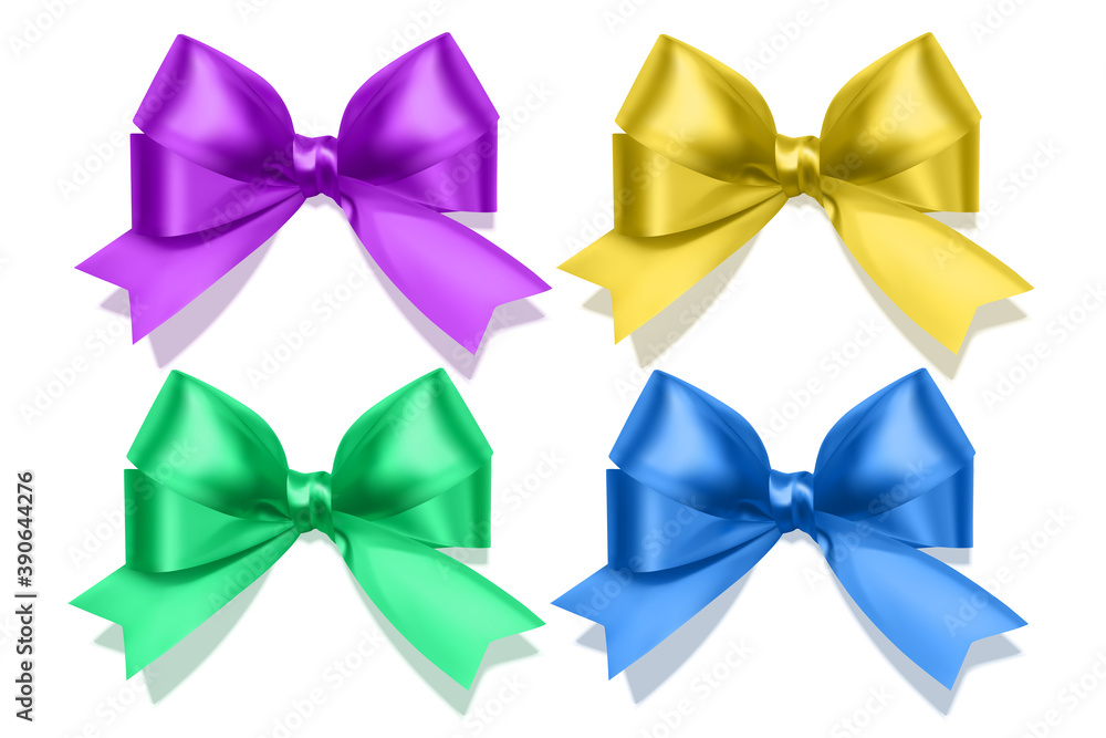 Set of realistic bows of purple, blue, yellow and green colors for decoration of postcards, holiday boxes, etc., bows for decoration on a white background, vector illustration Set of realistic bows of purple, blue, yellow and green colors for decoration of postcards, holiday boxes, etc., bows for decoration on a white background, vector illustration