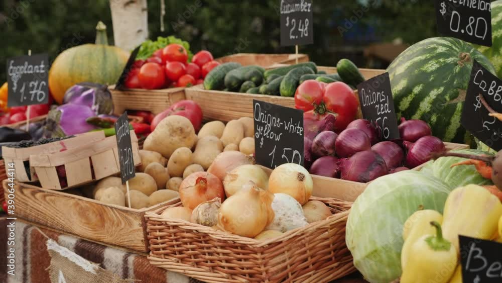 Fresh healthy organic vegetables and fruits set at farmers market ...