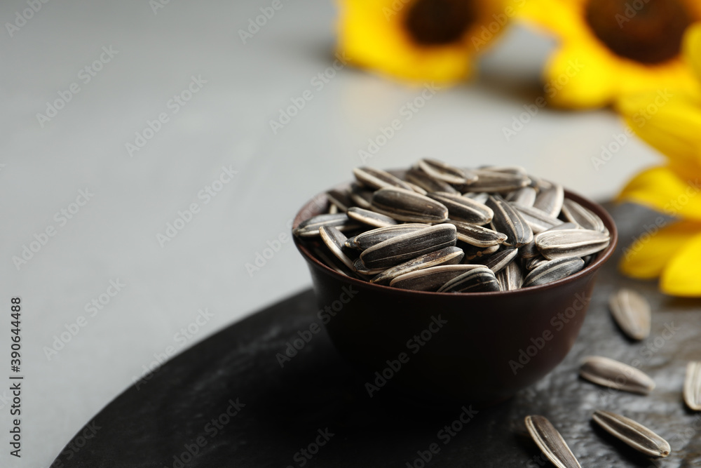 Raw sunflower seeds on grey table, closeup. Space for text Raw sunflower seeds on grey table, closeup. Space for text