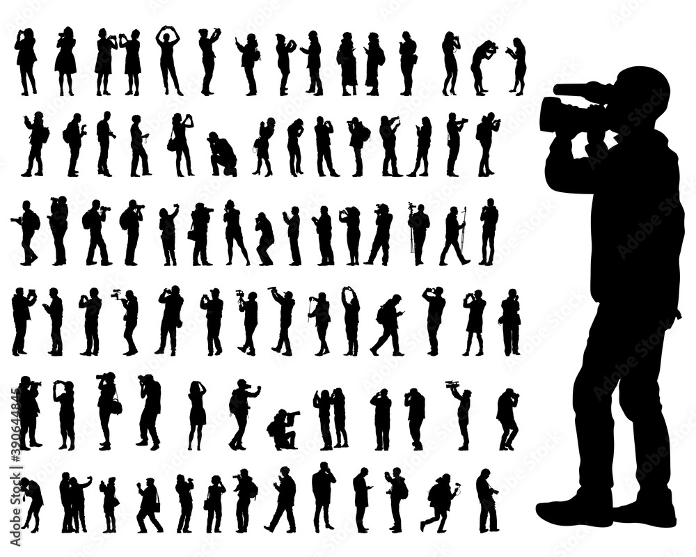 Woman and man holds a camera in her hand. Isolated silhouettes of people on a white background Woman and man holds a camera in her hand. Isolated silhouettes of people on a white background