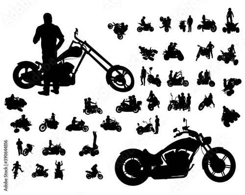 Man and woman in protective clothing rides a retro bike. Isolated silhouette on a white background