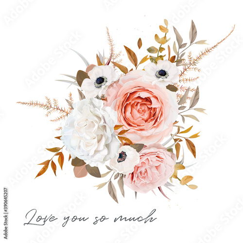 Stylish vector floral bouquet design. Blush peach, pale pink Rose, ivory white anemone flower, taupe brown, orange fall Eucalyptus, ruscus, fern ocher leaves elegant editable isolated designer element