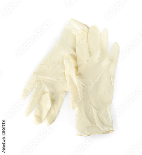 Pair of medical gloves isolated on white, top view