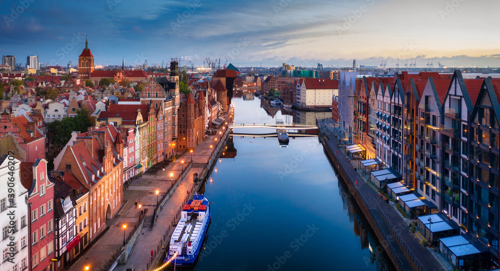 Aerial view of the old town of Gdansk at dawn, Poland
