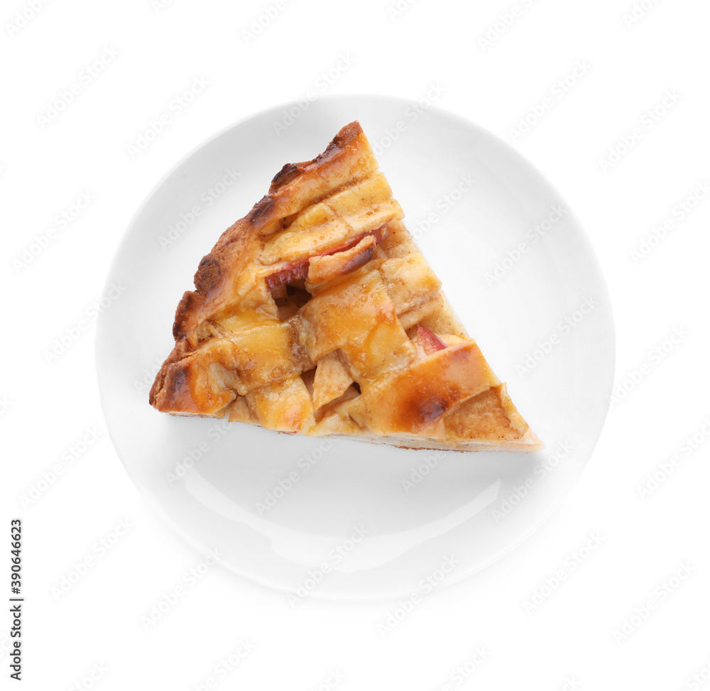 Slice of traditional apple pie isolated on white, top view