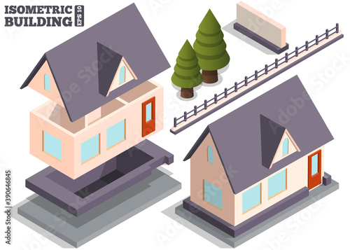 A set of elemets for a private house. Isolated on white background. Isometric. Vector illustration.