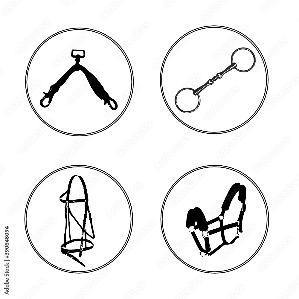 set of icons: bridle, bit, halter, lounge
set of icons: bridle, bit, halter, lounge