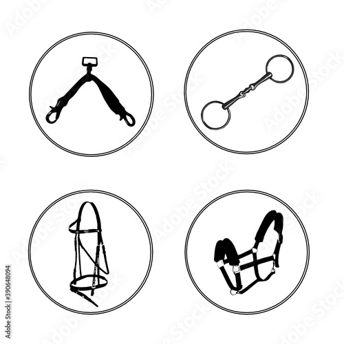 set of icons: bridle, bit, halter, lounge
