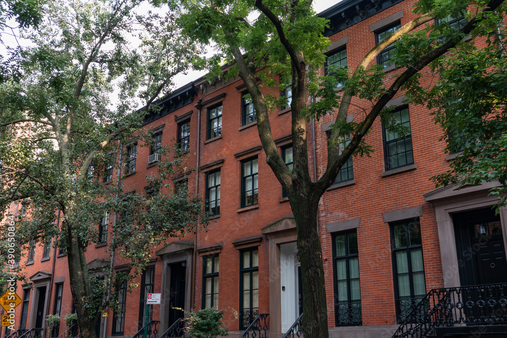 Row of Beautiful Old Red Brick Homes in Greenwich Village of New York City