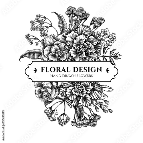 Floral bouquet design with black and white wax flower, forget me not flower, tansy, ardisia, brassica, decorative cabbage