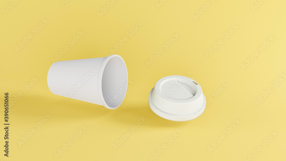 3D rendering disposable white coffee paper cup and cover on yellow 3D rendering disposable white coffee paper cup and cover on yellow
