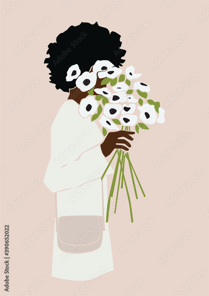 Black abstract afro woman portrait with stylish haircut wearing fashion clothes on the peachy isolated background. Trendy vector illustration. Black abstract afro woman portrait with stylish haircut wearing fashion clothes on the peachy isolated background. Trendy vector illustration.