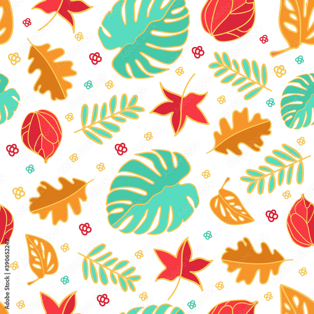 Seamless pattern with leaf monstera. Vector illustration. Design templates for greeting cards, home wallpapers, textiles and fabrics.