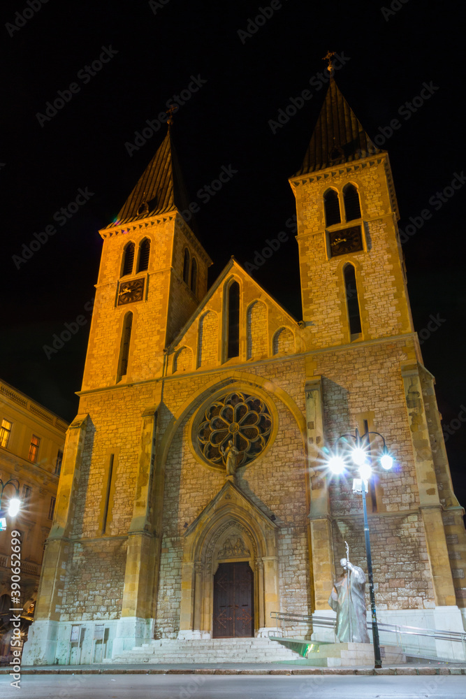 Night view of Sacred Heart Cathedral in Sarajevo. Bosnia and Herzegovina