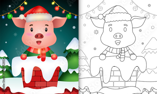 coloring for kids with a cute pig using santa hat and scarf in chimney