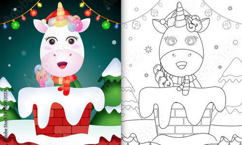 coloring for kids with a cute unicorn using santa hat and scarf in chimney © riko_design