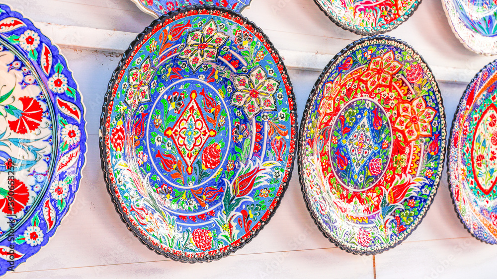 Colorful Ethnic Turkish ceramic round plates. Colorful Ethnic Turkish ceramic round plates.