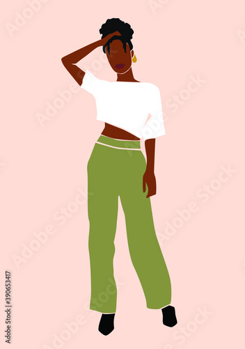 Black abstract afro woman portrait with stylish haircut wearing fashion clothes on the peachy isolated background. Trendy vector illustration.